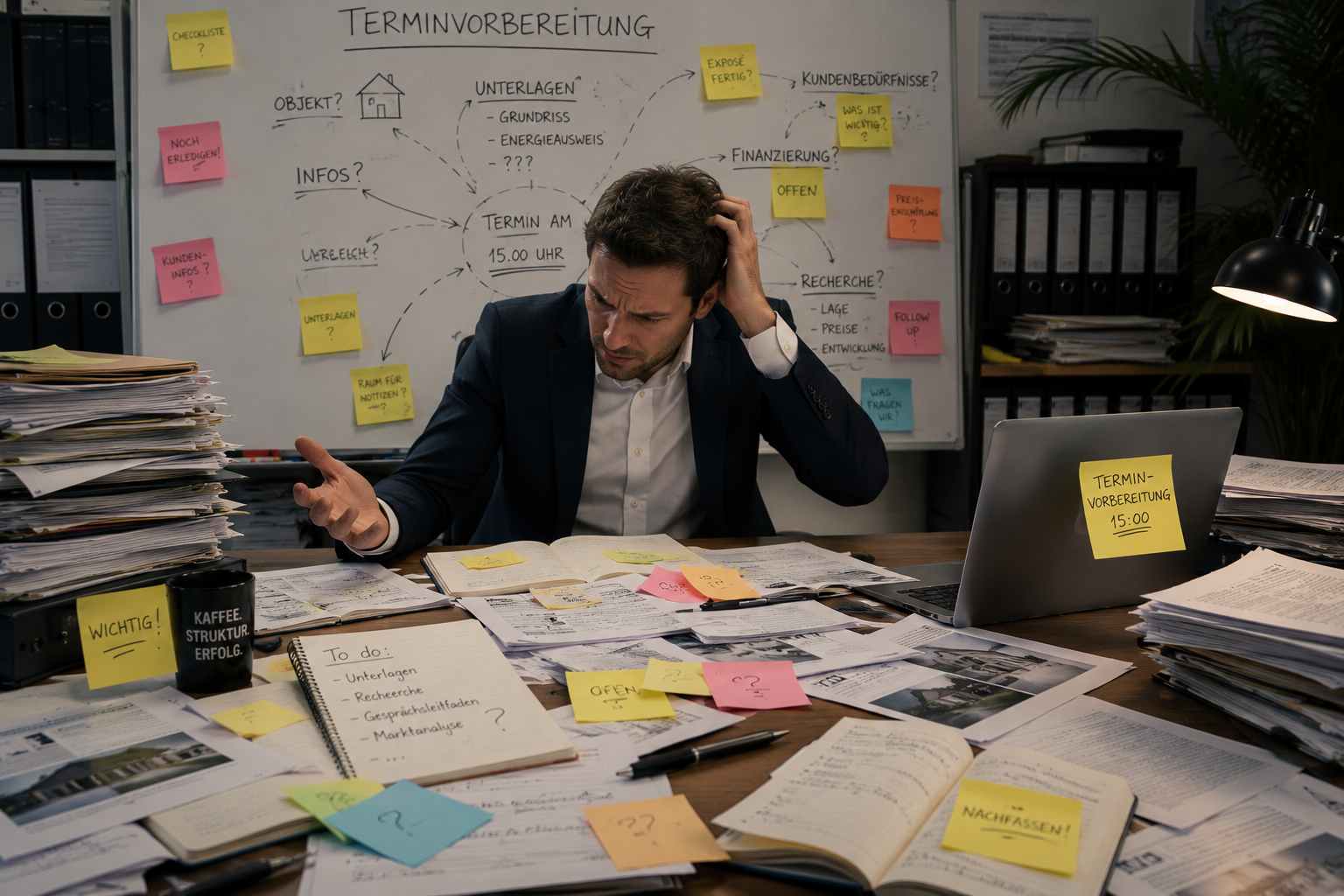 Makler überfordert vor chaotischem Vorbereitungs-Whiteboard
